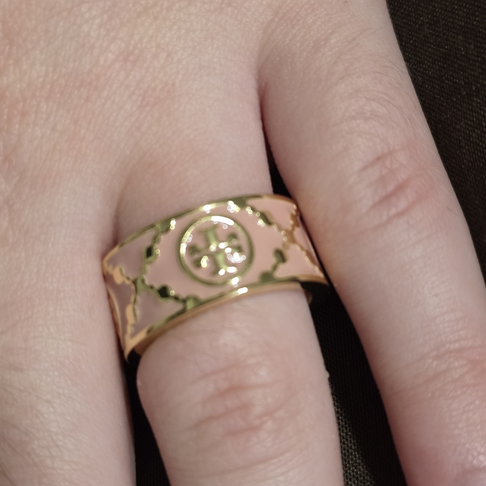 Tory Burch Pink Enamel Logo Wide Band Ring